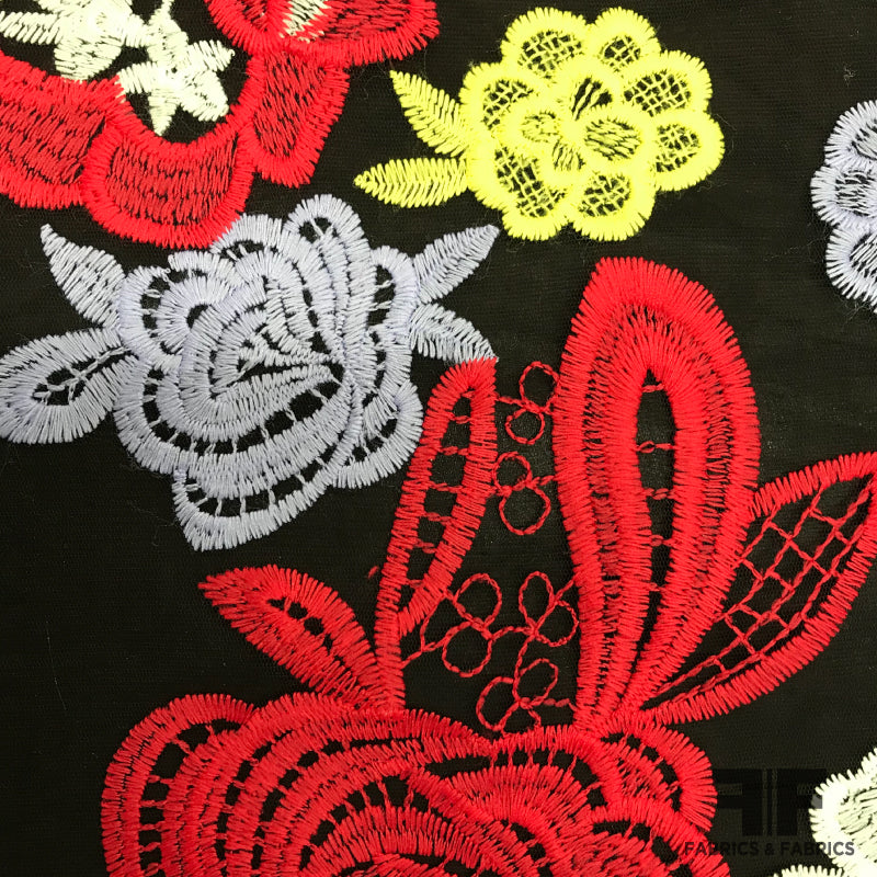 Floral Embroidered Netting - Black/Red/Yellow – Fabrics & Fabrics