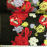 Floral Embroidered Netting - Black/Red/Yellow - Fabrics & Fabrics