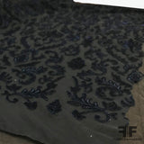 Baroque-esque Velvet Embroidered Netting - Black/Navy - Fabrics & Fabrics NY