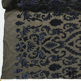 Baroque-esque Velvet Embroidered Netting - Black/Navy - Fabrics & Fabrics NY