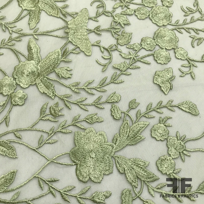 Floral Embroidered Netting - Pale Green – Fabrics & Fabrics