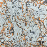 Metallic Abstract Paisley Printed Silk Chiffon - Grey-Orange-Metallic Silver