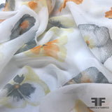 Floral Silk Chiffon - White/Orange/Grey - Fabrics & Fabrics