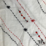 Hand Stitched Embroidered Cotton - White/Black/Red - Fabrics & Fabrics