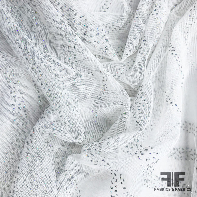 Novelty Cracked Ice on Mesh - White/Silver - Fabrics & Fabrics