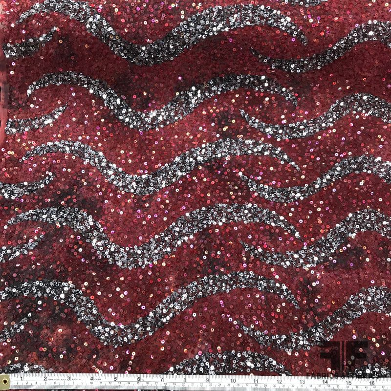 Couture Sequins on Georgette - Red/Deep Grey - Fabrics & Fabrics