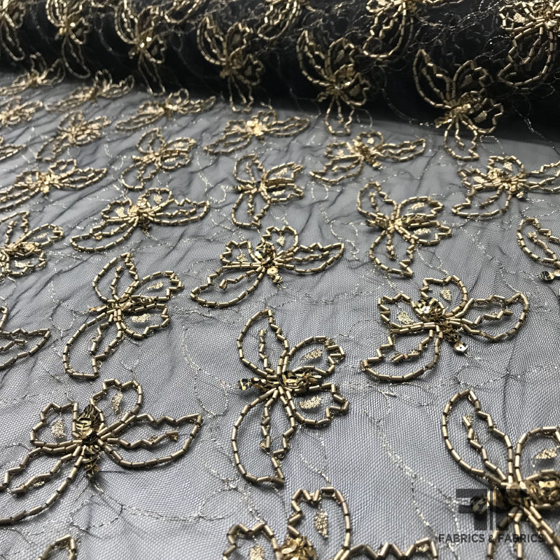 Couture Butterfly Beaded Netting - Black/Gold - Fabrics & Fabrics