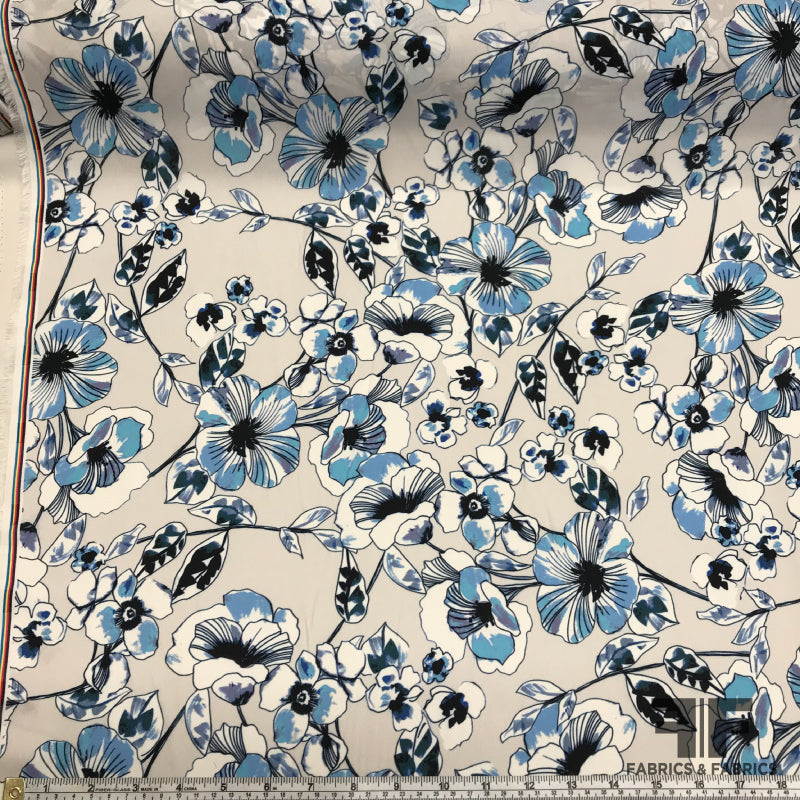Graphic Floral Printed Rayon Georgette - Blue/White – Fabrics & Fabrics
