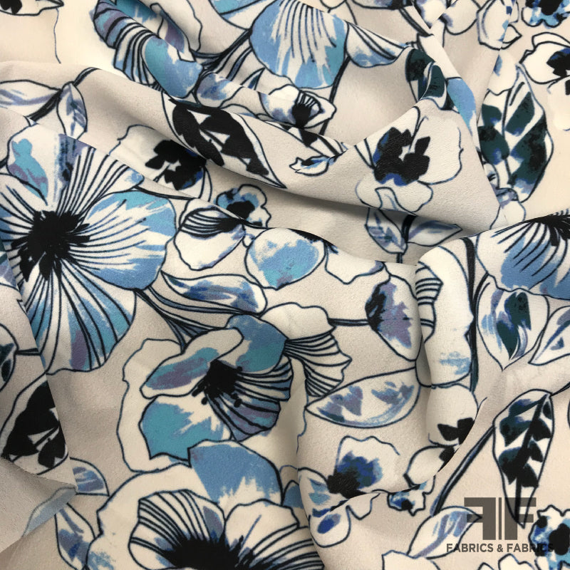 Graphic Floral Printed Rayon Georgette - Blue/White – Fabrics & Fabrics