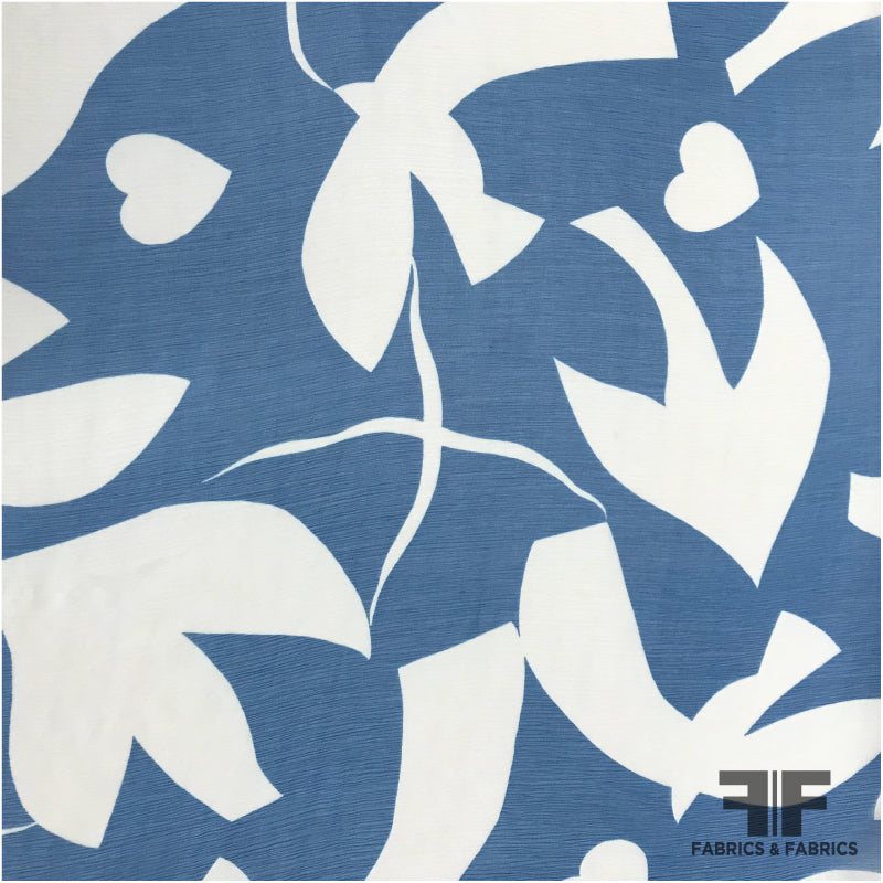 Crinkled Silk Chiffon Large-Scale Bird Print - Blue/White - Fabrics & Fabrics