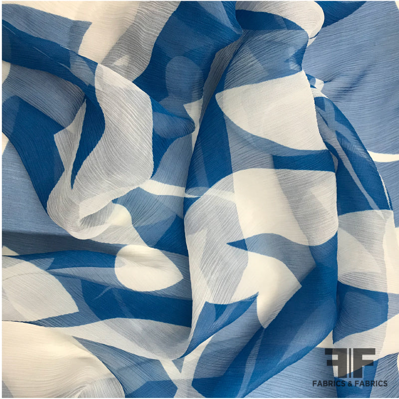 Crinkled Silk Chiffon Large-Scale Bird Print - Blue/White - Fabrics & Fabrics