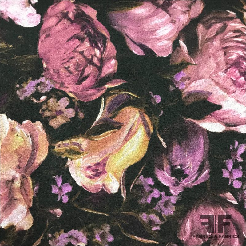 Large Floral Printed Silk Chiffon Fabric - Purple/Black – Fabrics & Fabrics