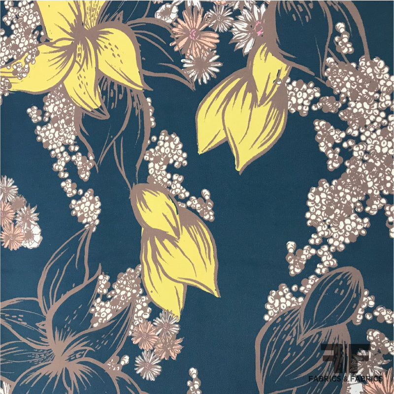 Floral Printed Georgette - Navy/Yellow/Pink/Taupe - Fabrics & Fabrics