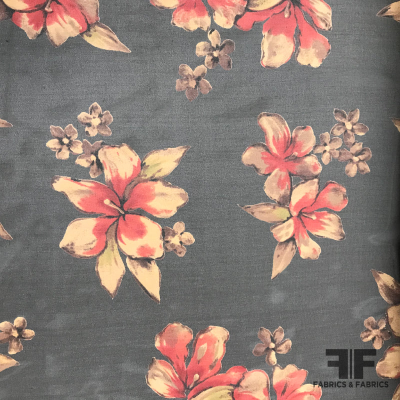 Tropical Floral Printed Silk Chiffon - Black/Red/Tan - Fabrics & Fabrics