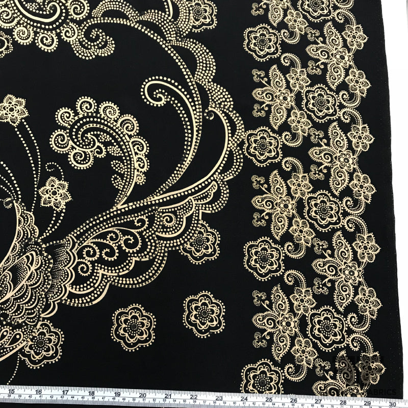 Borderprint Bird & Paisley Crepe de Chine - Black/Taupe/Gold - Fabrics & Fabrics