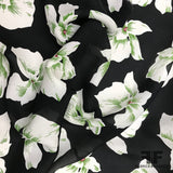 Tropical Floral Printed Silk Georgette - Black/White/Green - Fabrics & Fabrics