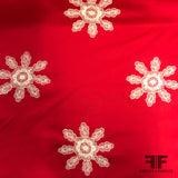 Floral Embroidered Heavy-Weight Cotton Poplin - Red/ Off-White - Fabrics & Fabrics
