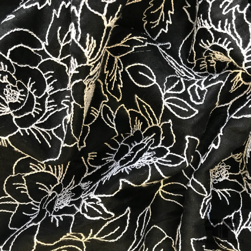 Italian Floral Heavyweight Embroidered Linen - Black & White - Fabrics & Fabrics