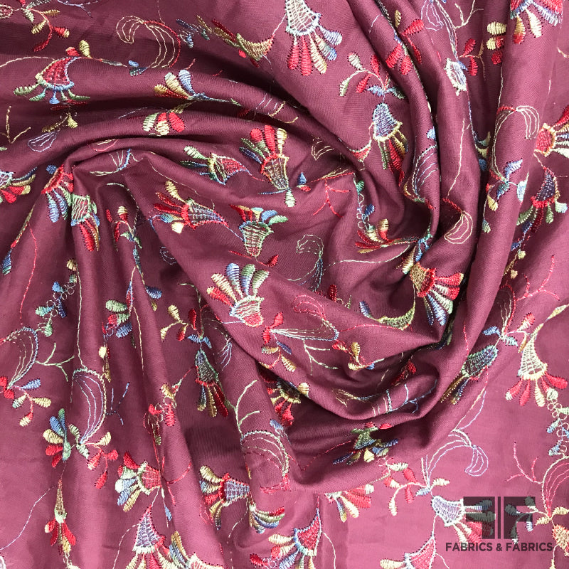 Floral Embroidered Cotton Lawn Fabric Burgundy Fabrics & Fabrics