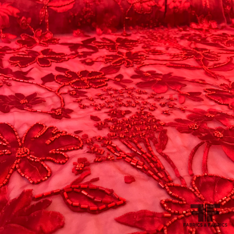 French Couture Beaded & Burnout Silk Chiffon - Red - Fabrics & Fabrics