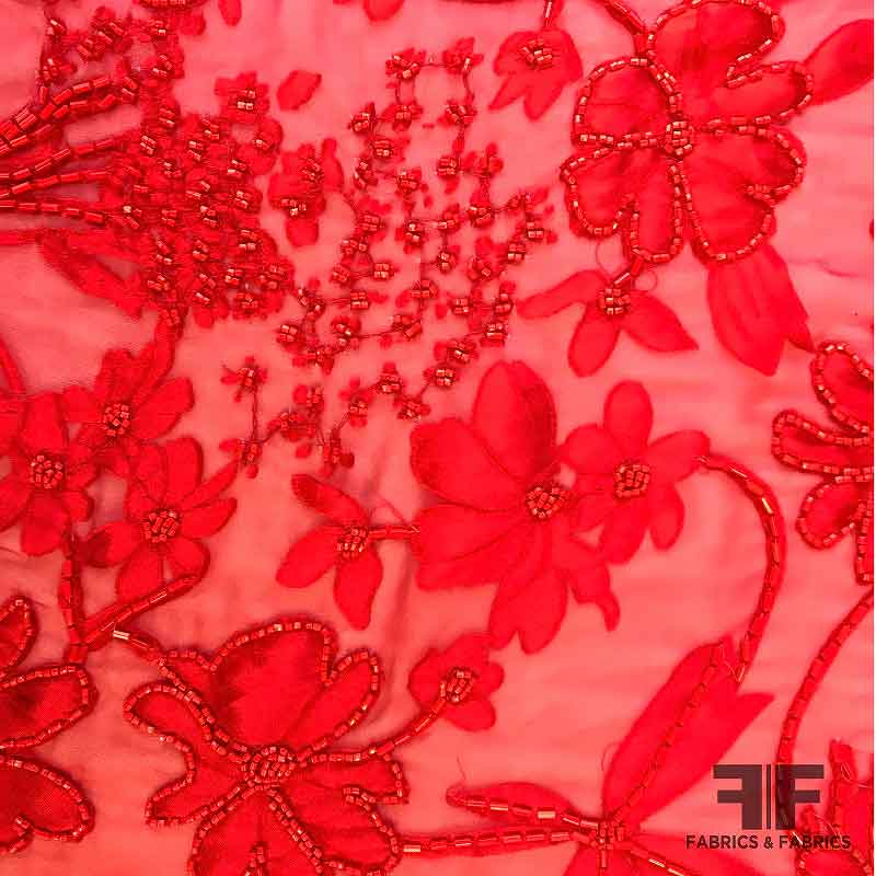 French Couture Beaded & Burnout Silk Chiffon - Red - Fabrics & Fabrics