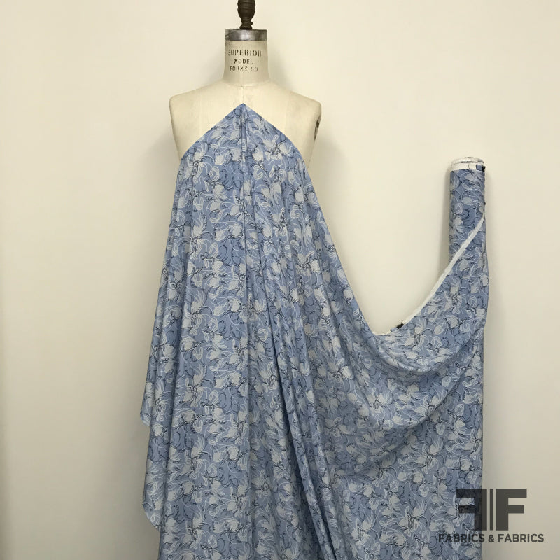 Abstract Floral Silk Georgette with French Text - Blue/White/Black - Fabrics & Fabrics