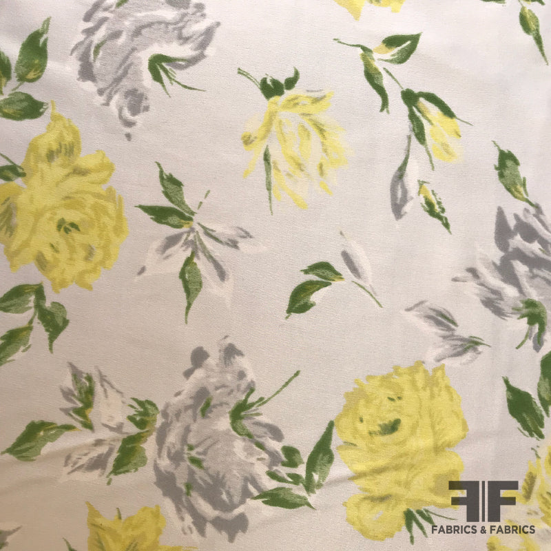 Floral Silk Charmeuse - White/Yellow/Grey/Green - Fabrics & Fabrics