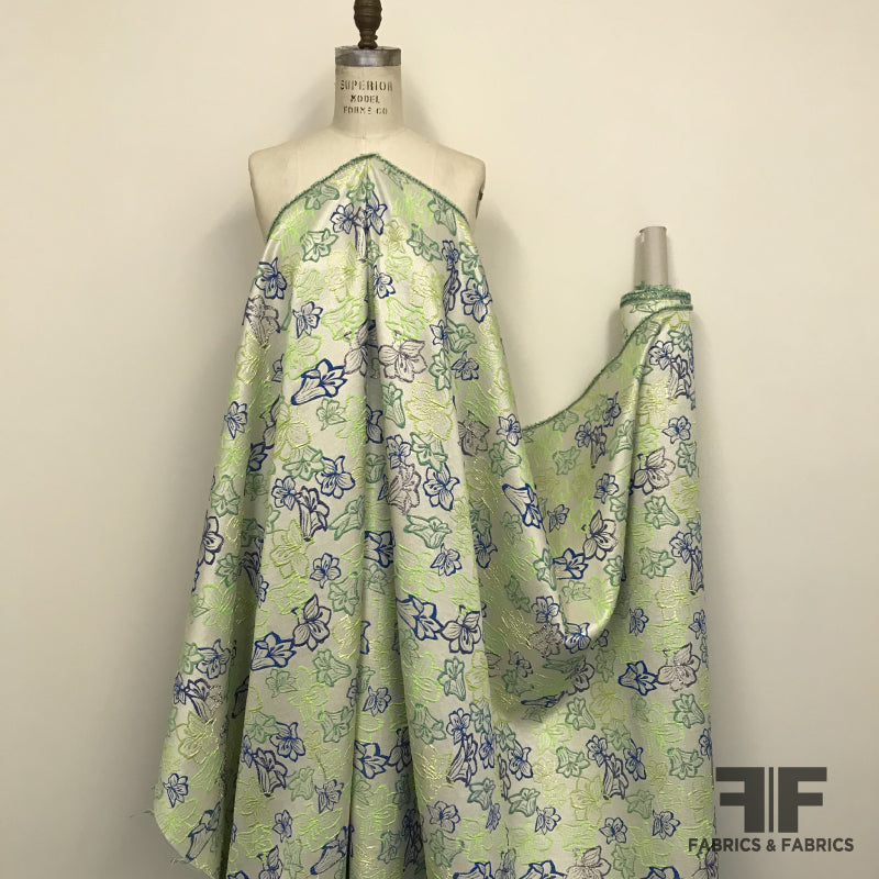 Tropical Floral Brocade - Green/Blue/Metallic - Fabrics & Fabrics