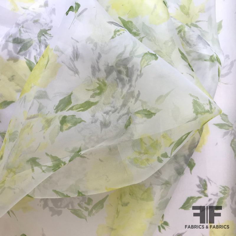 Floral Silk Organza - Sheer White/Yellow/Green - Fabrics & Fabrics
