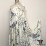 Floral Line-Drawing Silk Charmeuse (Reverse/Matte Side Printed) - White/Navy/Yellow