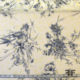 Floral Line-Drawing Silk Charmeuse (Reverse/Matte Side Printed) - White/Navy/Yellow - Fabrics & Fabrics