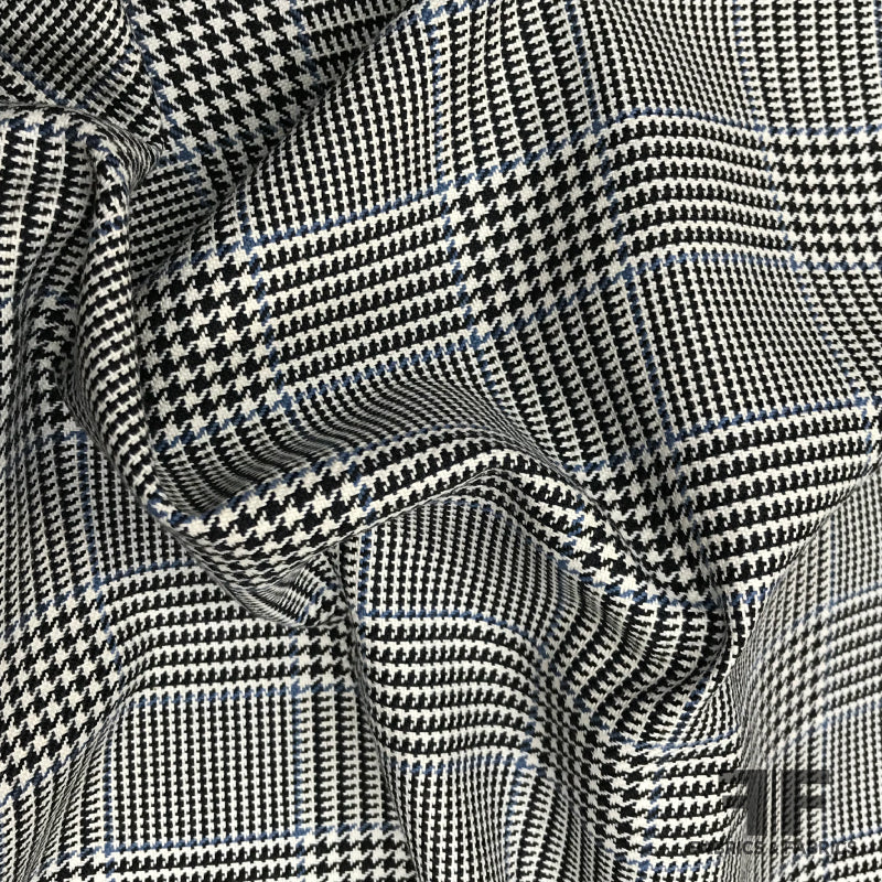 Italian Classic Houndstooth Check Wool & Cotton Suiting - Black & White/Blue - Fabrics & Fabrics