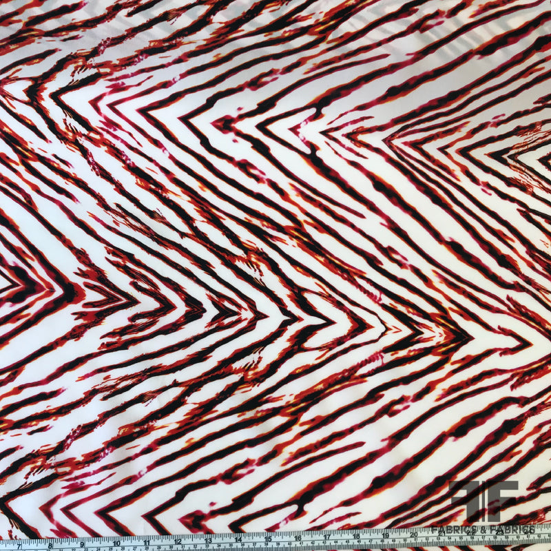 Abstract Zebra Print Silk Crepe de Chine - White/Red/Orange/Black - Fabrics & Fabrics