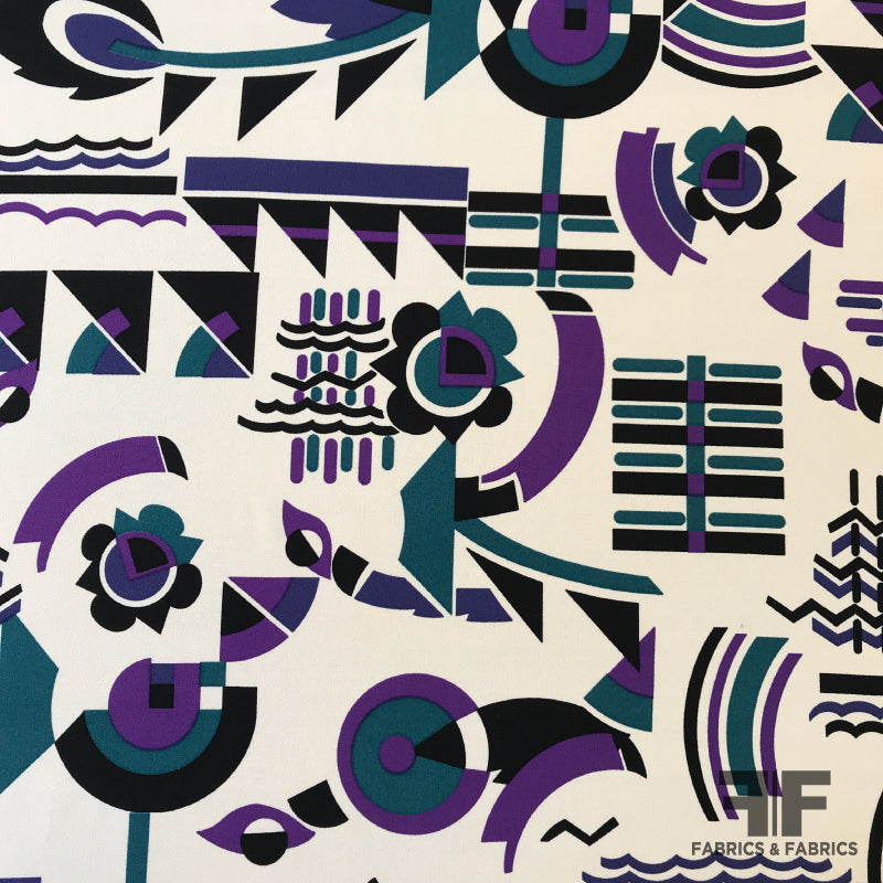 Abstracted Printed Silk Crepe - Cream/Purple/Teal/Black - Fabrics & Fabrics