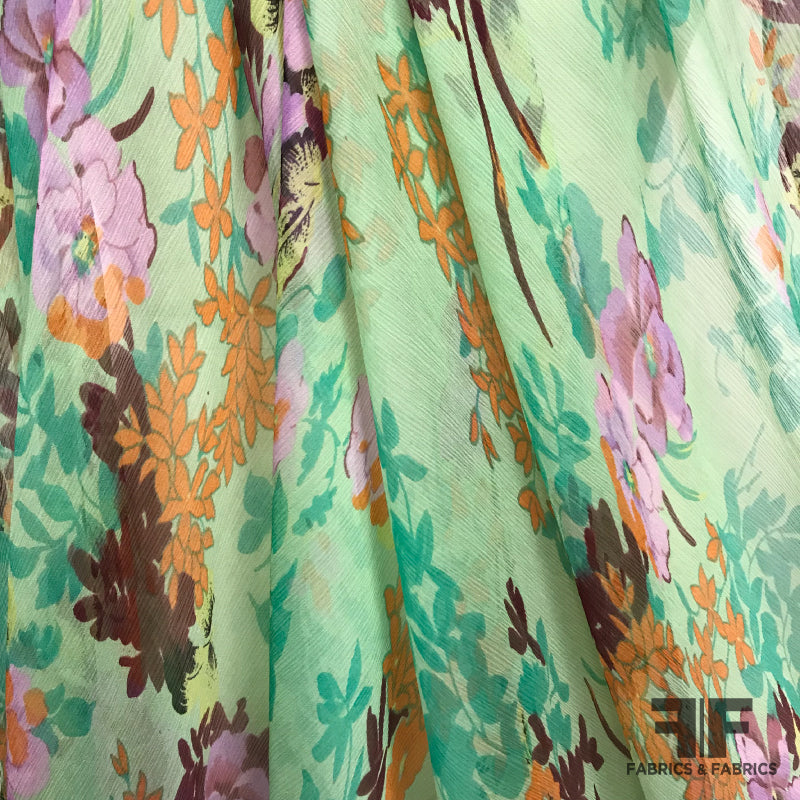 Floral Crinkled Silk Chiffon - Green/Multicolor - Fabrics & Fabrics