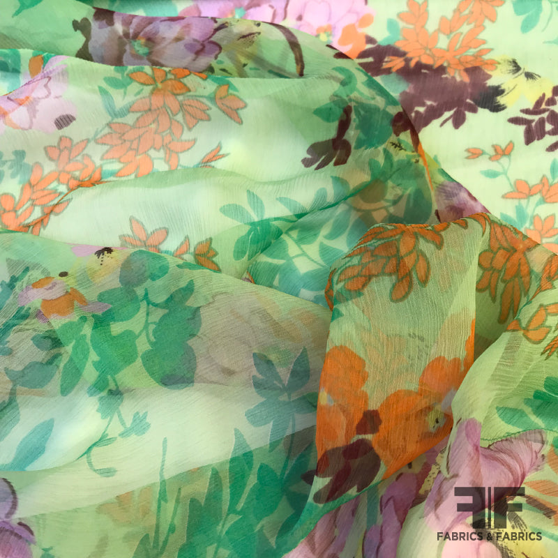 Floral Crinkled Silk Chiffon - Green/Multicolor - Fabrics & Fabrics