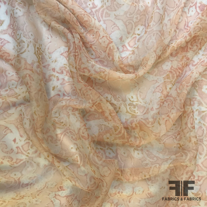 Abstract Floral Silk Chiffon - Peach/Off-White - Fabrics & Fabrics