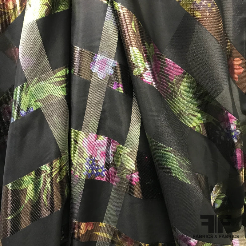 Italian Metallic Plaid Floral Silk Organza - Black/Multicolor - Fabrics & Fabrics