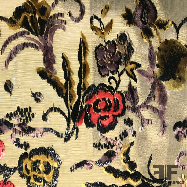 French Floral Panne Cut Velvet on Lamé - Gold/Multicolor