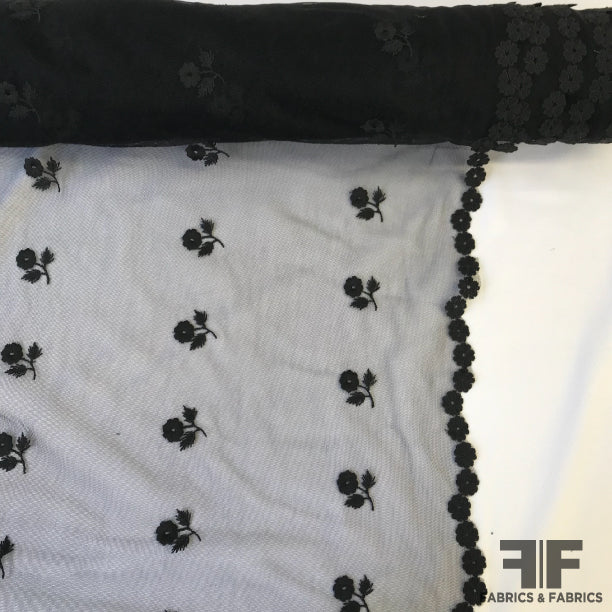 Border Pattern Floral Embroidered Tulle - Black - Fabrics & Fabrics