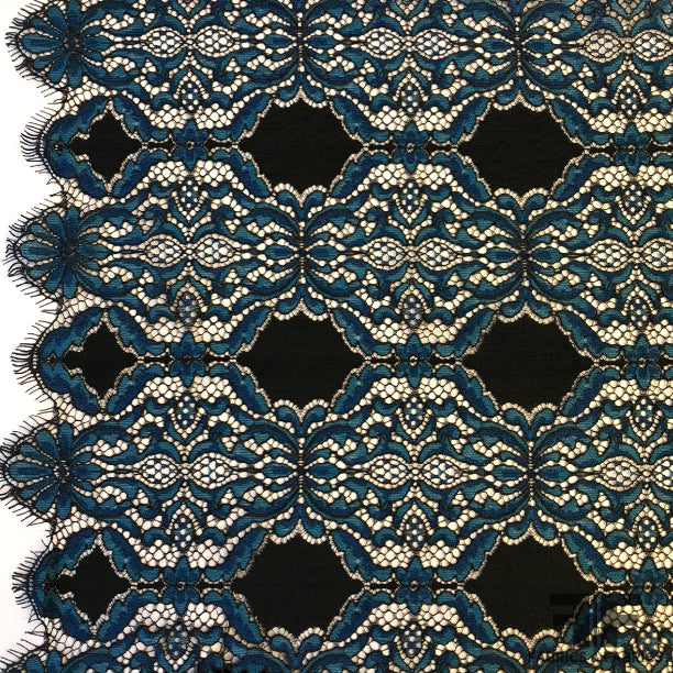 Scalloped Leavers Lace - Blue/Black - Fabric by the Yard