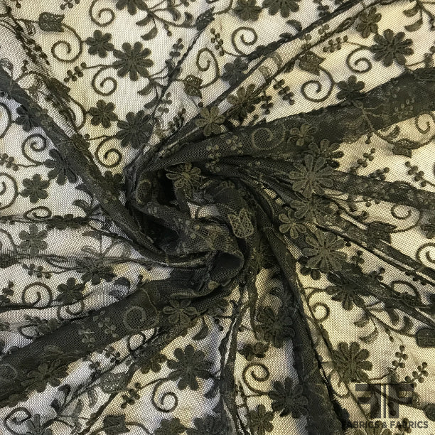 3D Floral Embroidered Netting - Black - Fabrics & Fabrics