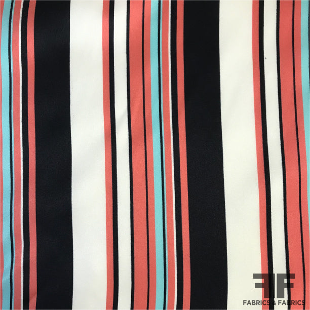 Striped Silk Charmeuse - Salmon/Aqua/Off-White/Black
