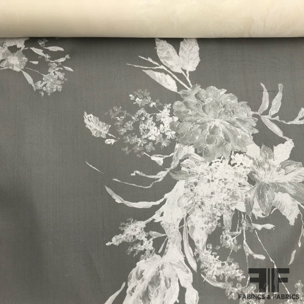 Italian Floral Printed Silk Semi-Satin Organza - Off-White/White - Fabrics & Fabrics