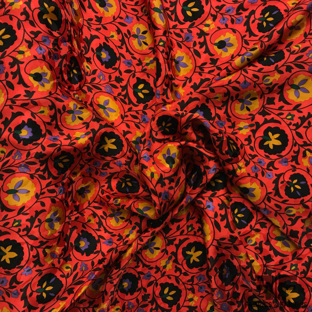 Floral Printed Silk Jacquard - Red/Green/Multicolor