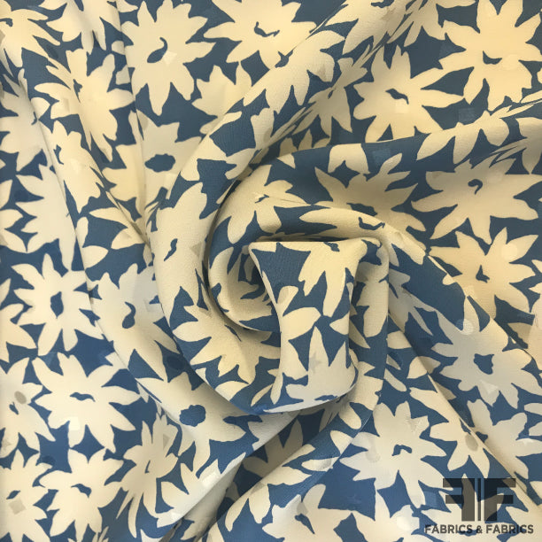 Floral Printed Silk Jacquard - Blue/Off White