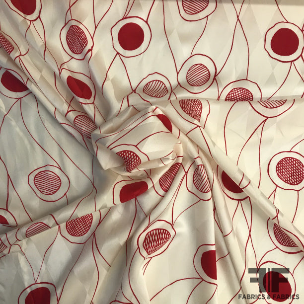 Circles on Vines Printed Silk Jacquard - Ivory/Red