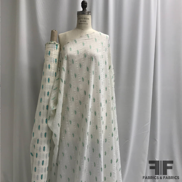 Italian Floral Silk Plissé - Off White/Green/Blue