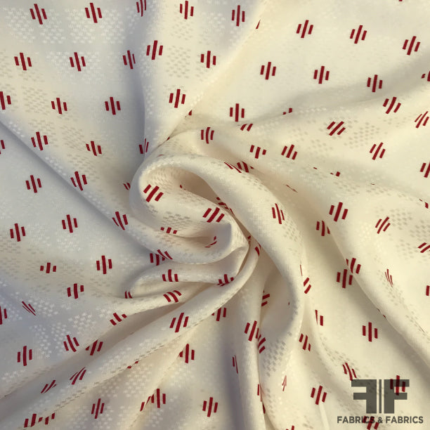 Linear Print on Polka Dot Silk Jacquard - Red/Off White