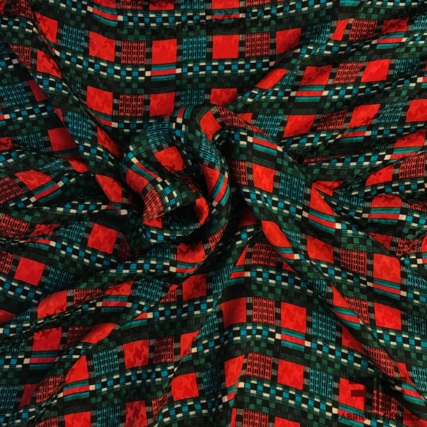 Geometric Plaid Printed Silk Jacquard - Red/Green/Turquoise/Black